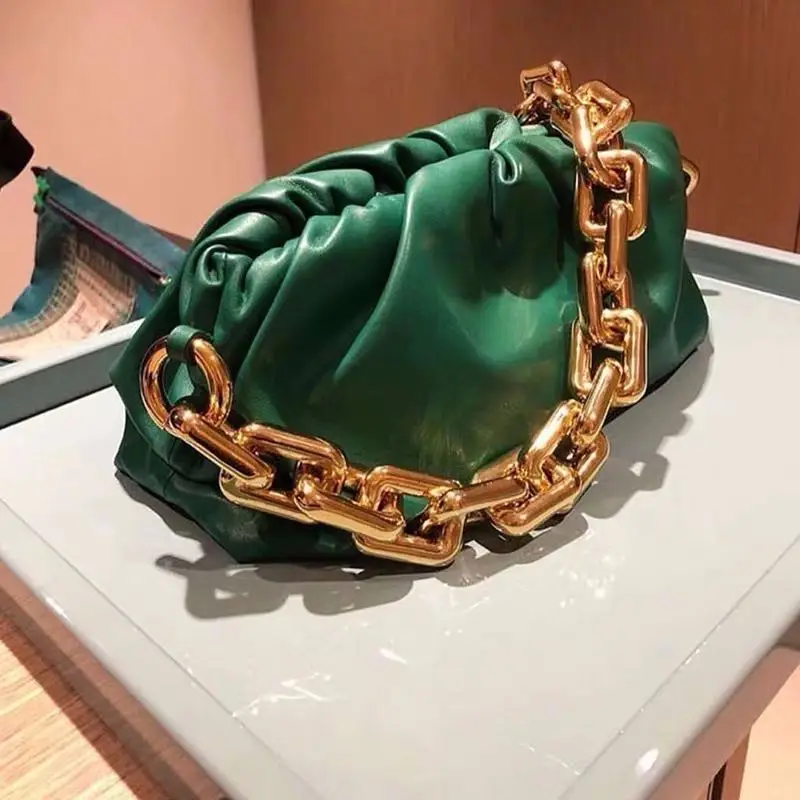 

2021 New Fashion Women Genuine Leather Handbag High Quality Thick Metal Chain Cloud Dumplings Clutch Bag Female Shoulde Bags