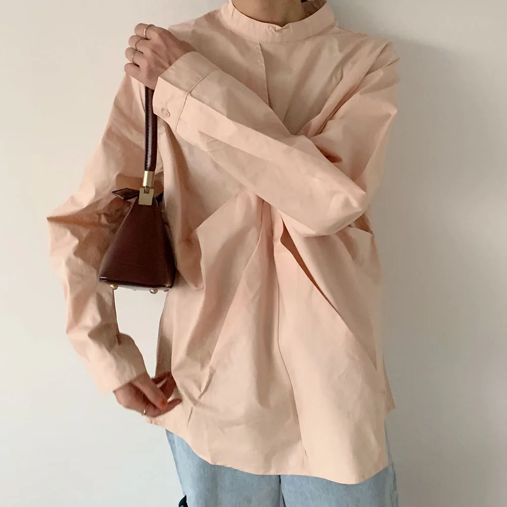 

Pleated Women Pink Long Shirt Solid Korean Japan 2021 Spring New Female Stand Collar Lady Work Blouses Tops