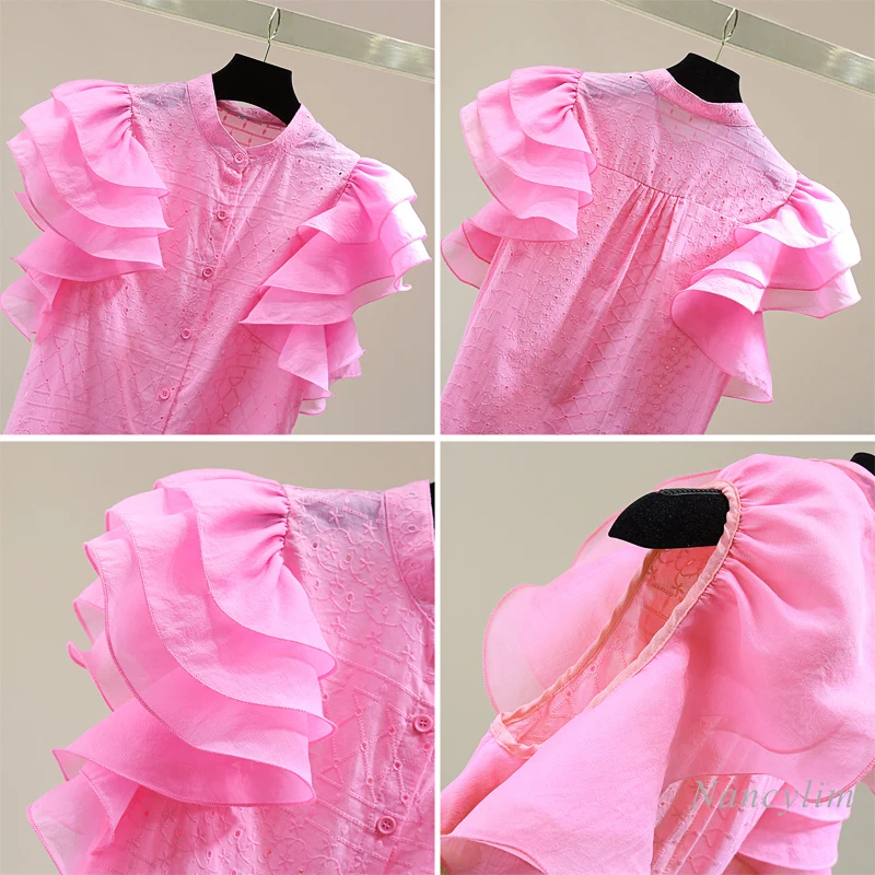 Creux Brodé Chemise En Coton et Lin Femme 2021 Style Coréen d'été Minceur À Volants Manches Volantes Décontracté Haut De Dame Blusas