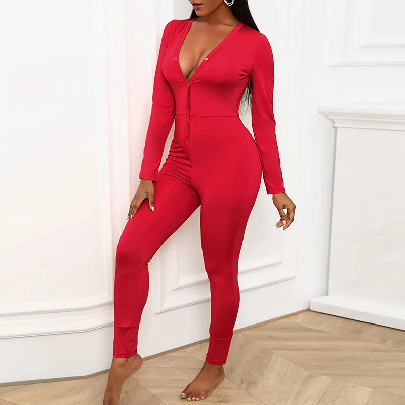 

Women Fashion Casual V Neck Long Sleeve Solid Color Jumpsuits Overalls Buttoned Design Adults Pajamas Jumpsuit