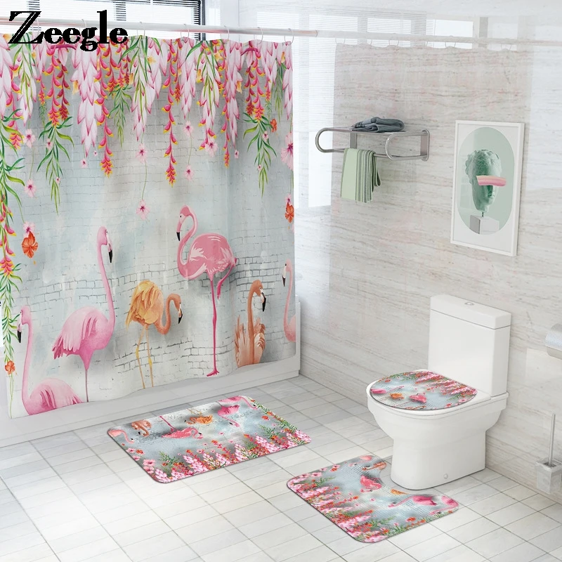 Flamingo Printing Bath Mat and Shower Curtain Water Absorbent Bathroom Carpet Rug Home Decor Toilet Mat Non-Slip Floor Rug Set