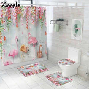 flamingo printing bath mat and shower curtain water absorbent bathroom carpet rug home decor toilet mat non slip floor rug set free global shipping