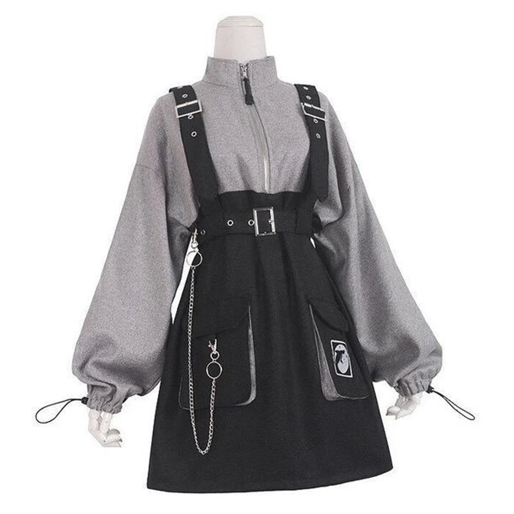 

Harajuku Suspender High Waist Long Sleeve Dress 2021 Autumn Winter Retro Gothic Punk Mini Dress Vintage Women Fashion Streetwear