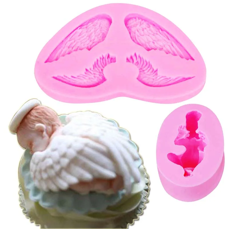 

Byjunyeor 2pcs Sleeping Baby And Angel Wing UV Resin Silicone Mold Fondant Chocolate Candy Lollipop Crystal Epoxy Soft Clay C170
