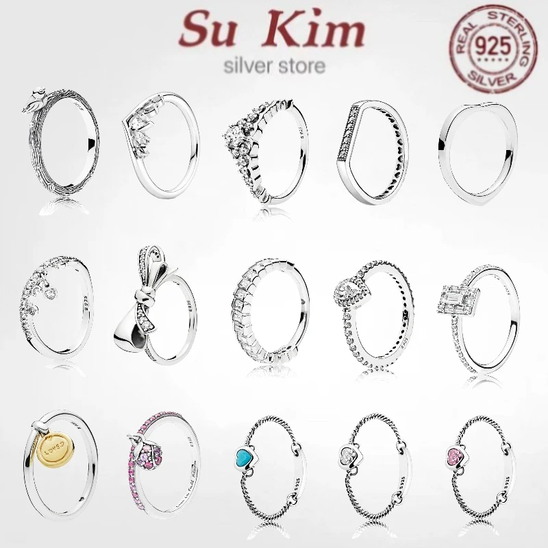 

100% 925 Original Sterling Silver pan ring Bow flower Heart-shaped Female Personality Charm Ring for Women high quality Jewelry