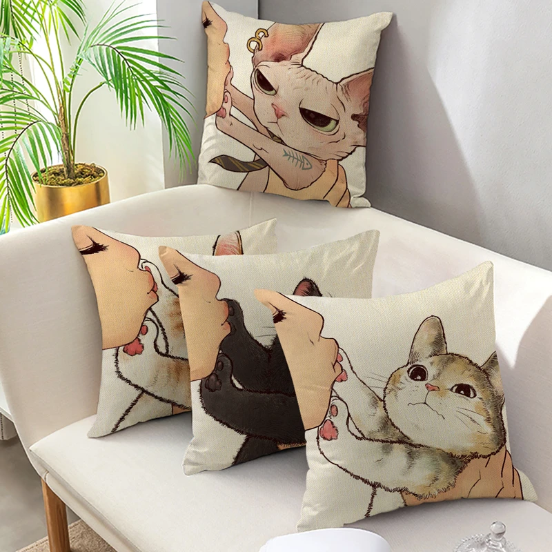 

Fuwatacchi Love Kiss Cute Cat Pillows Cases for Sofa Home Car Cushion Cover Pillow Covers Decor Cartoon Linen Pillowcase 45x45cm