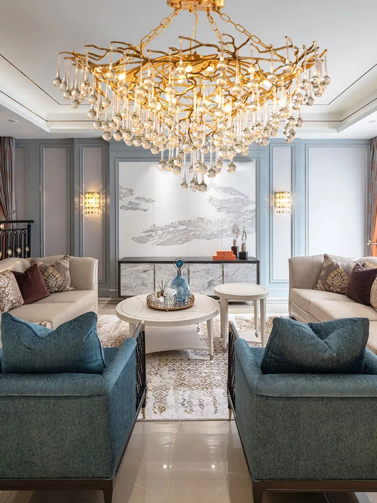 

Light luxury copper crystal restaurant chandelier simple modern luxury living room lamp creative atmosphere villa bedroom tree