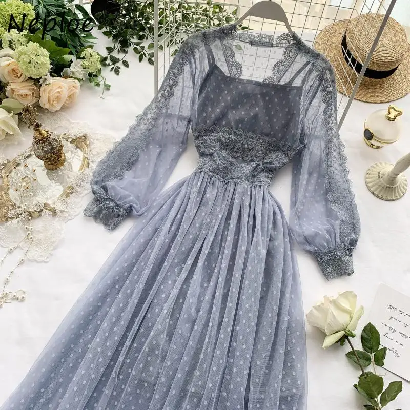 

Neploe Chic Mesh Patchwork Women Dress Vintage Elegant Exquisite Beading Long Dresses Korean Fashion High Waist Dress1H473