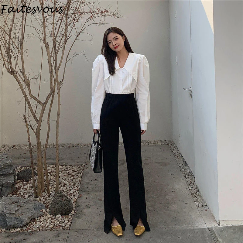 

2021 New Black Split Suit Pants Women Summer High Waist Drape Straight Bell Bottom Pants Casual Plus Size Flared Trousers S-3XL