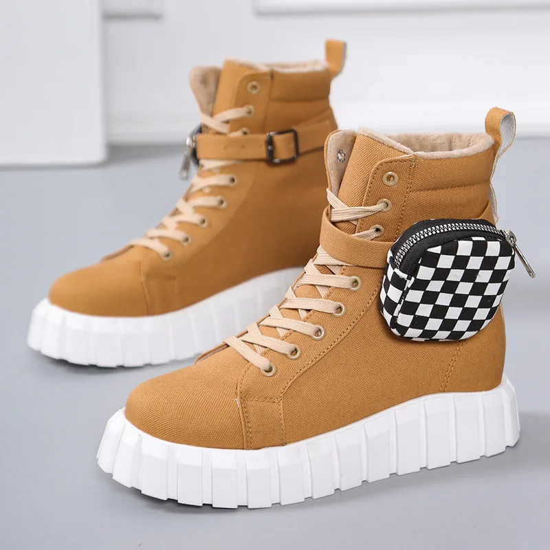 

Women Pocket Boot Lace Up Ladies Ankle Boots Female Buckle Strap Black Chunky Sole Pouch Ankle Boots Woman Platform Shoe Fashion