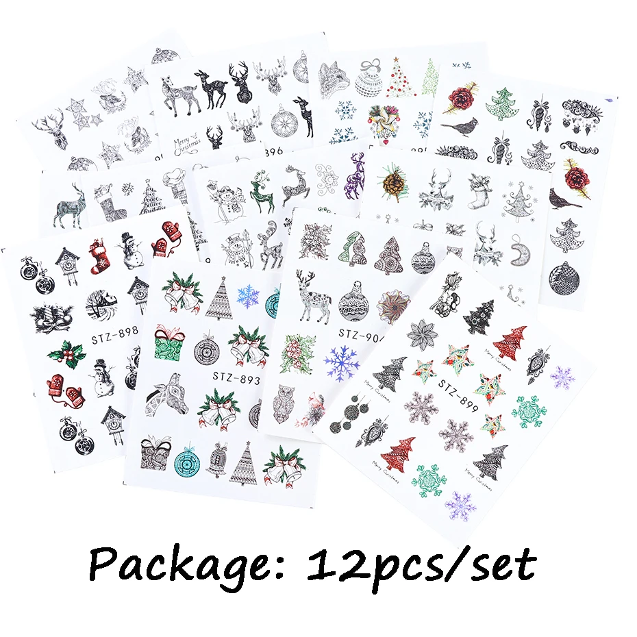 12 шт./компл./комплект наклейки для ногтей в виде оленей и снежинок Зимний