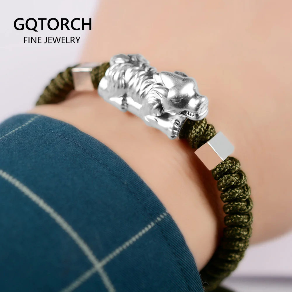 Тибетские счастливые узлы браслет для мужчин с 999 стерлингового серебра волк Amy