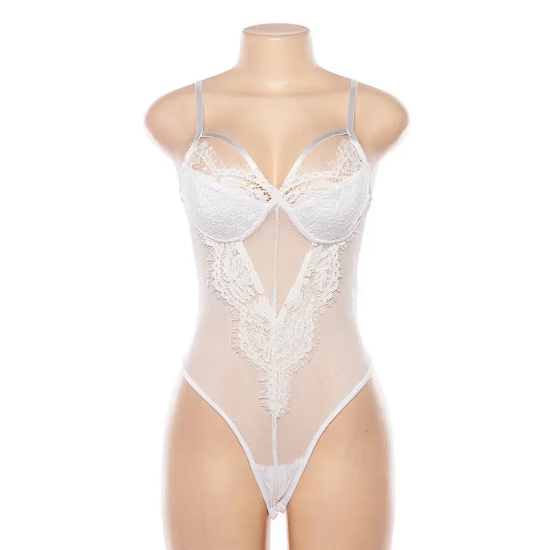 New Underwired White Mesh Lace Bodysuit Women 2020 Summer See Through Sexy Bodysuit Black Hollow Out Patchwork Mesh Body Mujer