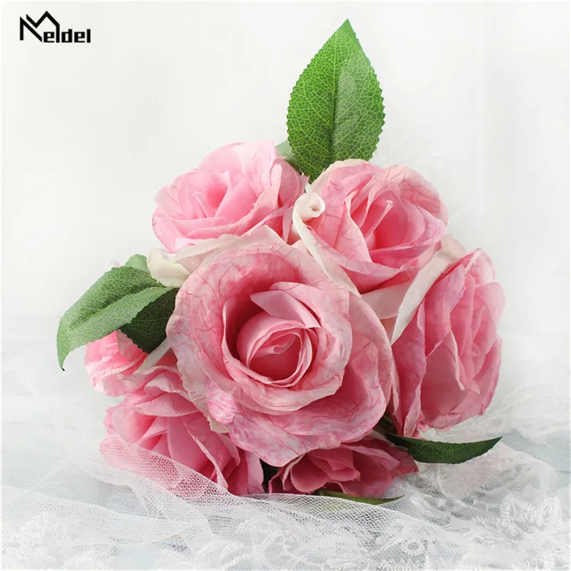 Шелковая Роза искусственная букет цветов 7 бутонами розового и белого цвета для