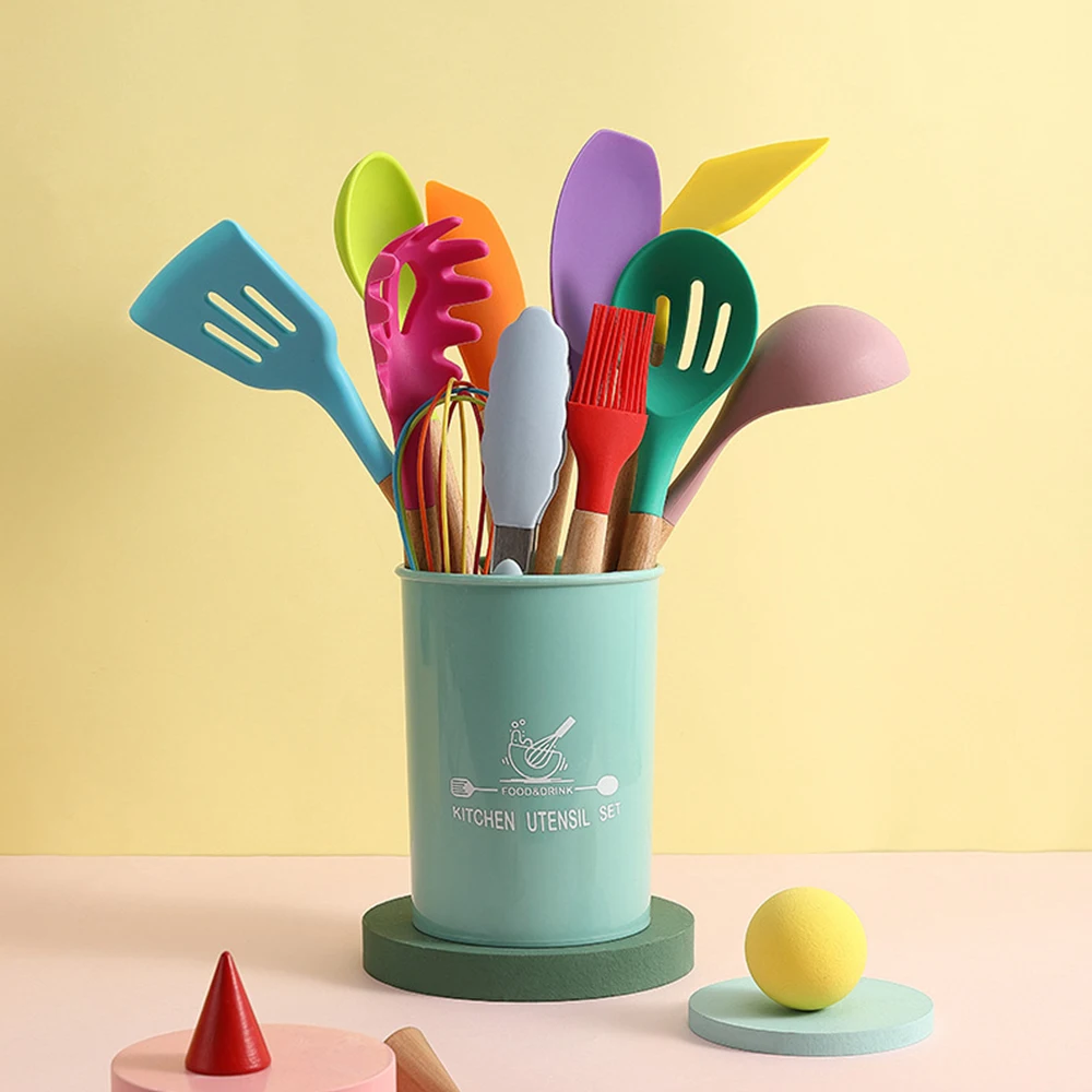 

Free Shipping 12pcs Colorful Silicone Kitchenware Set Non-Stick Pan Cooking Spatula Spoon Wooden Handle Box Cooking Tools