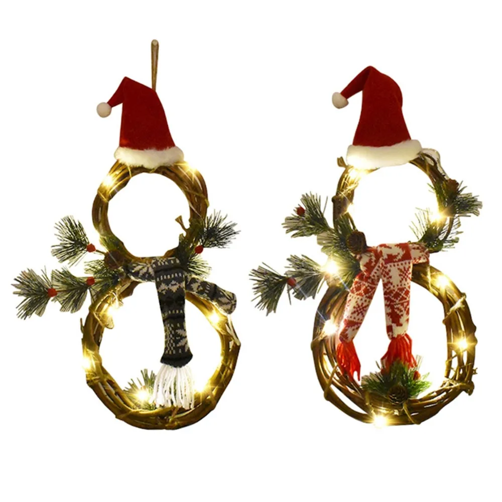 

Christmas Led Light Hanging Wreath Rattan Ornament Front Door Decor Wreath Snowman Shaped Garland Hanging Pendant for Xmas 2022