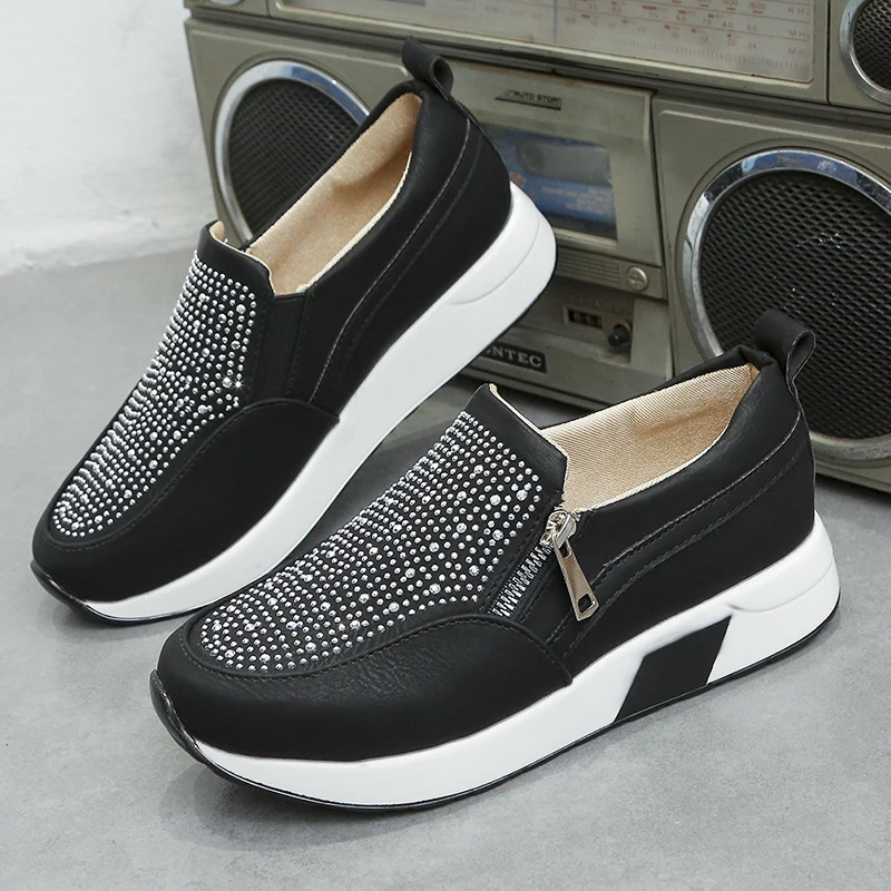 

Женские кроссовки с кристаллами, повседневная обувь на плоской подошве, на молнии, Нескользящие, дышащие, Вулканизированная подошва, для ул...