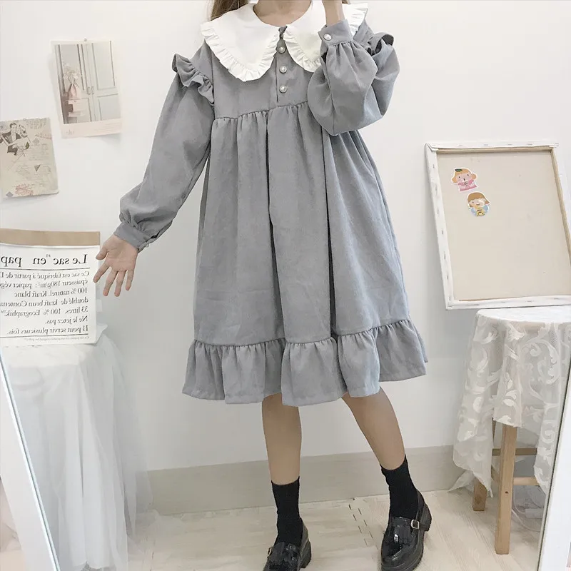 Осенне-зимнее Повседневное платье в стиле Лолиты Kawaii, новое японское милое ретро платье с кукольным воротником, свободное плиссированное платье с длинными рукавами