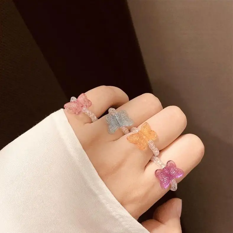 

2021 New Lovely Summer Korean Colorful Transparent Beads Butterfly Flowers Rings for Women Party Vacation Jewelry Gifts