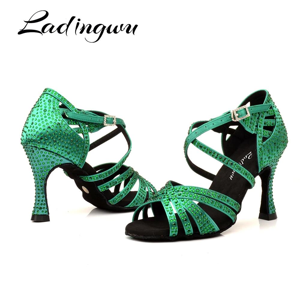 Ladingwu Turquoise Rhinestones Latin Dance Shoes Indoor Sports Dance Shoes Comfortable Soft Bottom Salsa Multiple Colors Choose