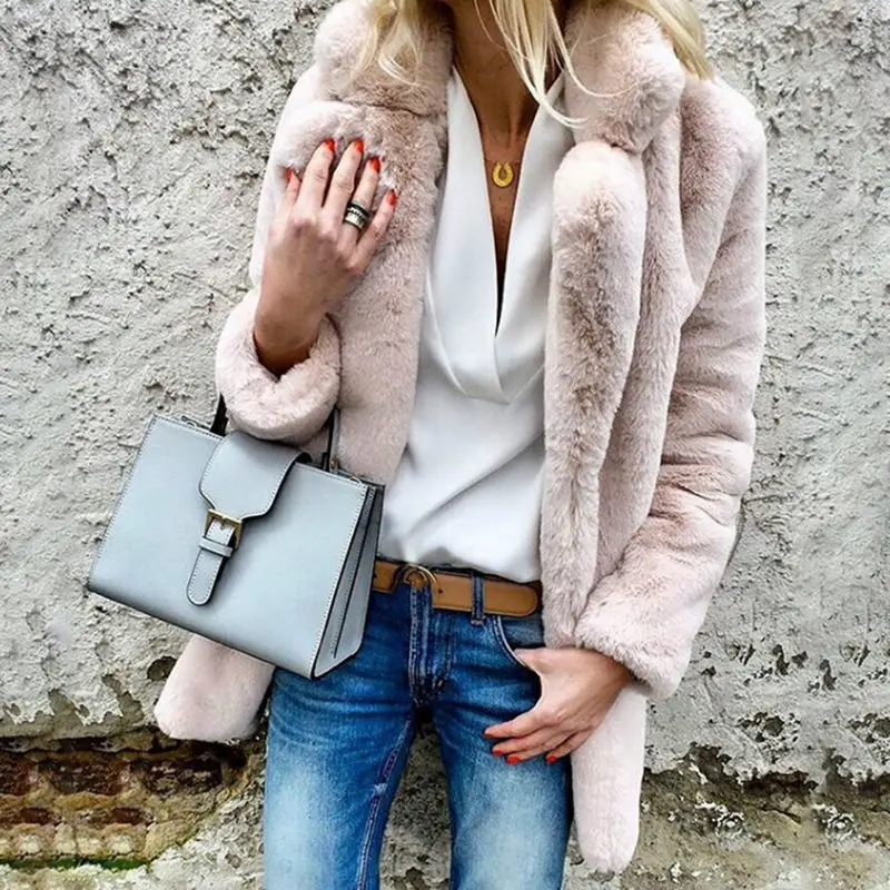 Зимнее женское модное высококачественное пальто из искусственного меха, роскошное длинное Свободное пальто с отворотом, толстое теплое женское плюшевое пальто больших размеров