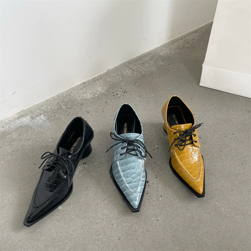 

Женские ботинки с острым носком, осенне-летние однотонные ботинки из текстиля преппи в британском стиле на среднем каблуке, на шнуровке, из ...