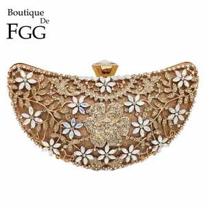 Роскошные дамские сумочки Boutique De FGG с цветочным узором, вечерние клатчи со стразами, Свадебная вечерняя сумка в форме полумесяца для невесты
