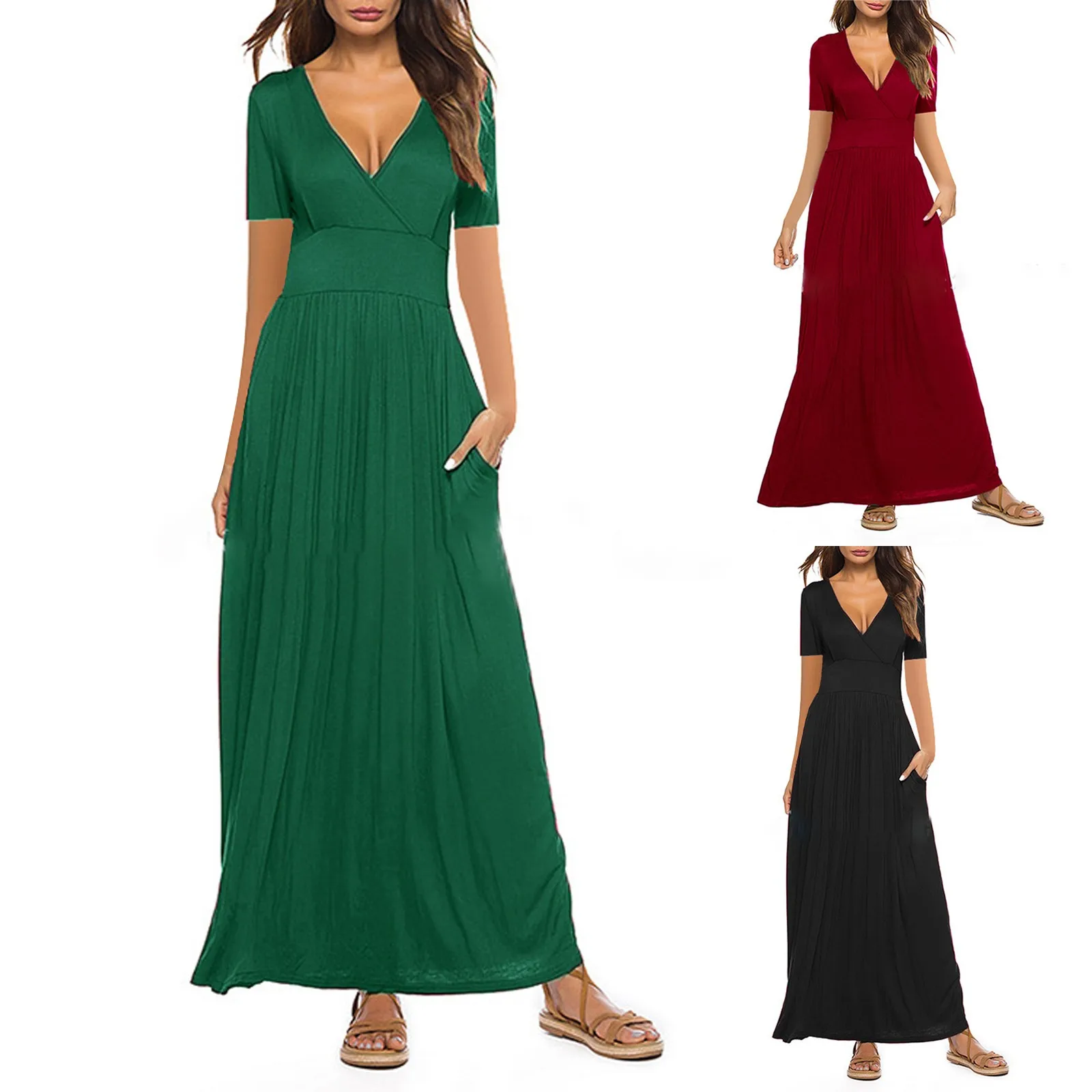 

58# Women's Elegent Basic Solid Maxi Long Dress Sexy Deep V-neck Dress Short Sleeve Long Dress With Pockets Night Party Vestido