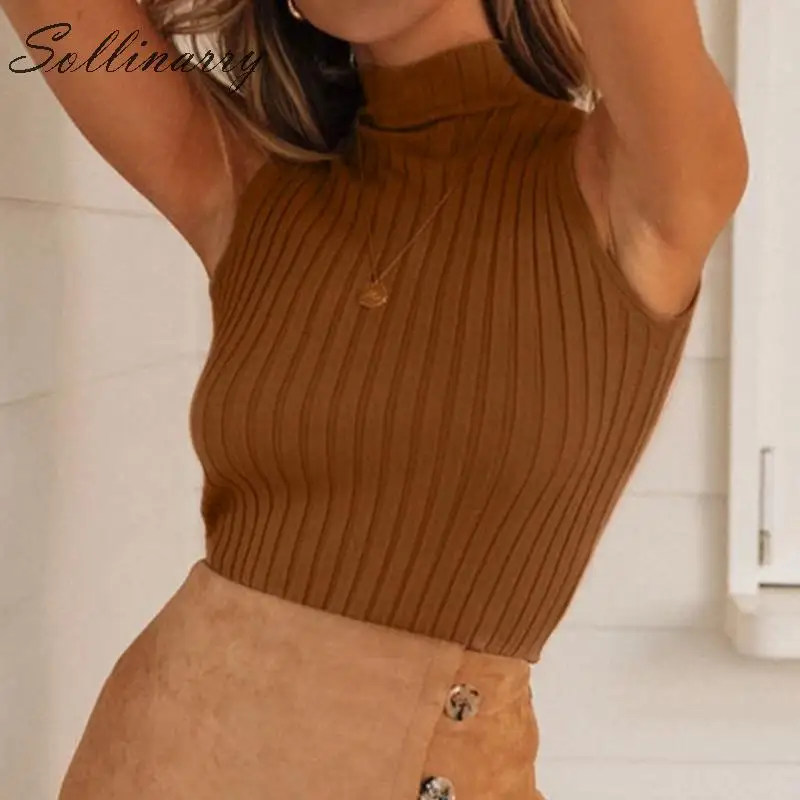 Sollinarry Модные трикотажные Camis женские 2019 без рукавов Водолазка зимние свитера