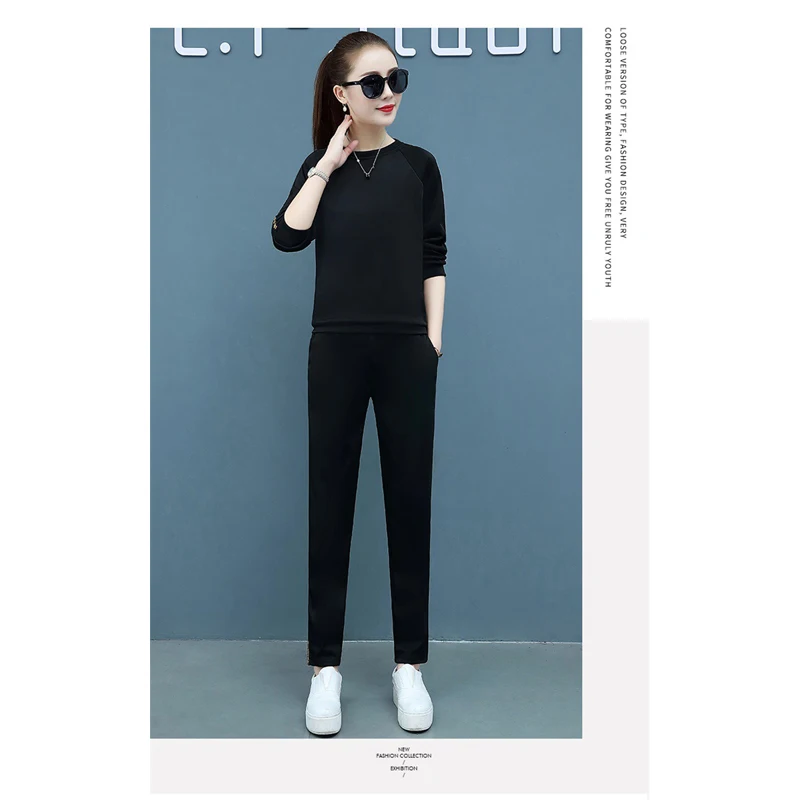 Женский спортивный костюм 2019 Осень Зима Плюс Размер Свободный двухсекционный