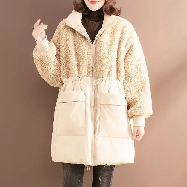 Women's Cotton-Padded Clothes Mid-Length Winter New Fashion Stitching Lamb Wool Cotton Coat Loose plus Size Keep Warm enlarge