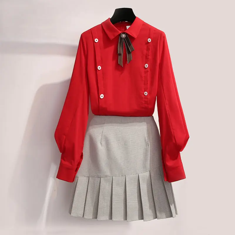 

Women 2021 Autumn Fashion Two-piece Sets Female Solid Color Pullover Bow Loose Shirts Ladies Short Pleated Skirts Suits M766