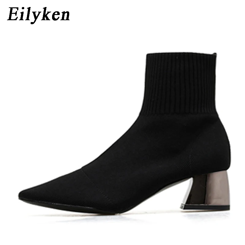 Black EilyKen/Коллекция года; сезон осень-зима; вязаные носки из эластичной ткани; женские ботинки; короткие ботинки на низком каблуке; цвет серый; женские ботильоны с острым носком - Цвет: Black