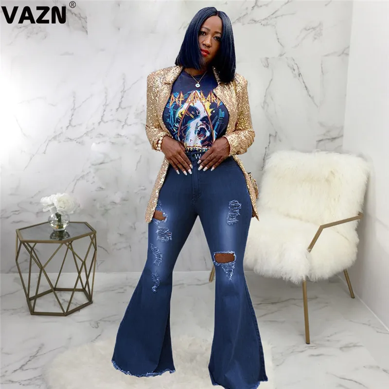 VAZN Hot Sale fashion women Dark Blue Color Jean Boot Cut Pants Office Lady Long Denim Sexy Club Wide Leg Jeans |