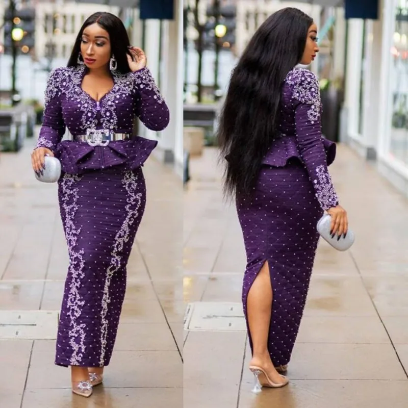 

Purple Two-Piece Suit Full Peals Beads Crsytal Prom Dresses Long Sleeve robe soiree dubai Arabian Robe Dubai Evening Dresses