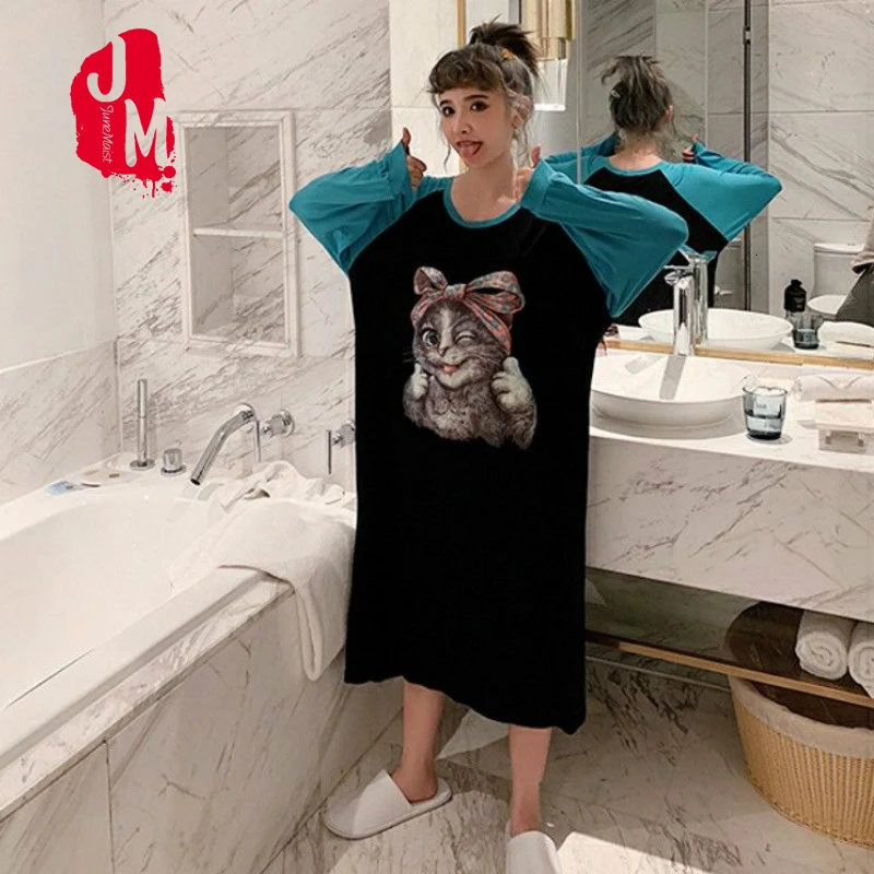 Осенне-зимняя женская ночная рубашка с длинным рукавом из хлопка в стиле пэчворк