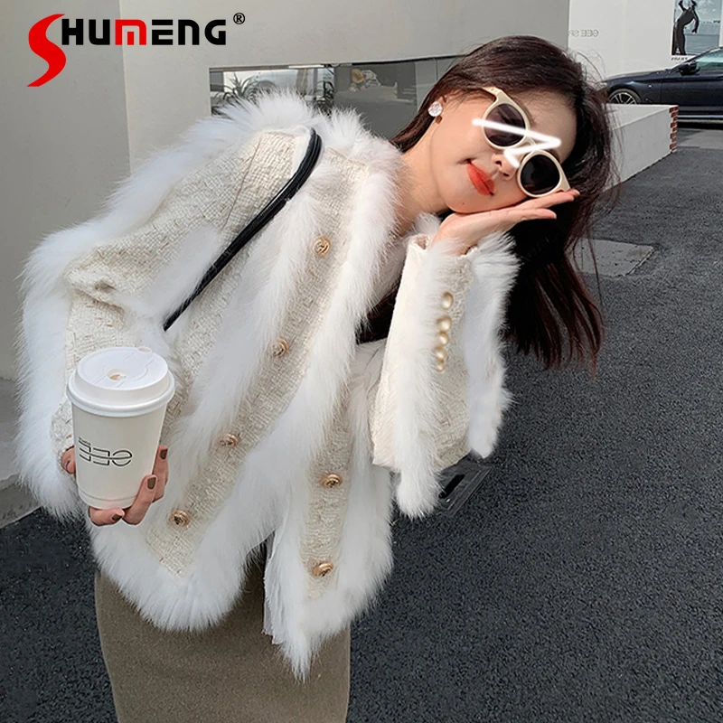 

Fashion Double-Brewed Faux Fox Fur Coat for Women 2021 Winter New Tweed Stitching Fastener Decoration Cardigan Female