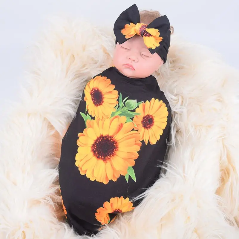 

2Pcs Newborn Floral Receiving Blankets Newborn Baby Swaddling with Headbands Headband Set Sleepsack Toddler Warm