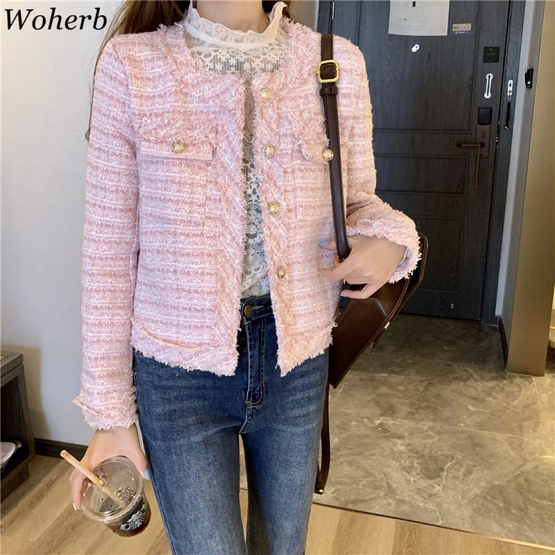 Woherb шикарные твидовые куртки осень 2021 женская одежда приталенный силуэт