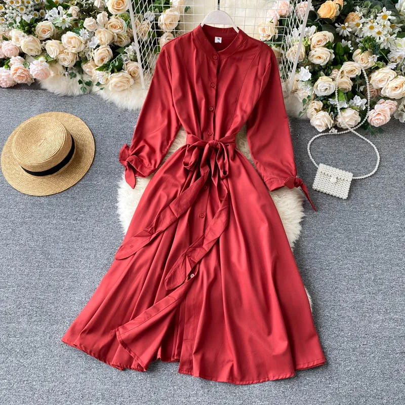 SINGRAIN Elegant Solid Women Dress Autumn Stand Collar Breasted Long Sleeve Lace up French Casual Streetwear A-line | Женская одежда