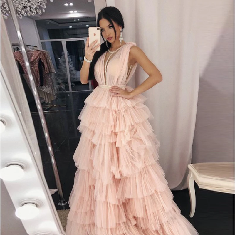 

Blush Pink 2019 New Prom Gown Long Illusion Neck Tiered Tulle Skirt Evening Formal Dress Sleeveless Vestidos de gala Custom Made