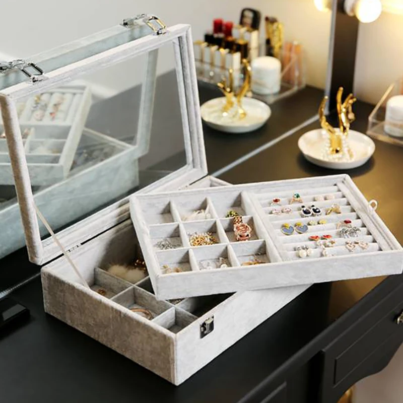 

Jewelry Display Rack Storage Box Jewelry Transparent Double Storage Box Tray Rack Necklace Ring Storage