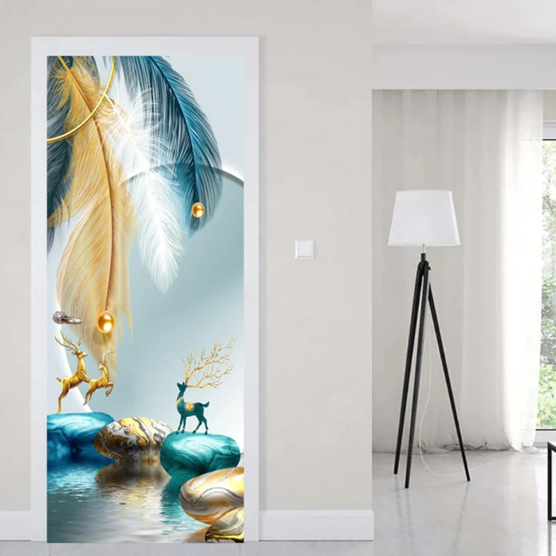 

Самоклеящиеся абстрактные перья, художественные наклейки на дверь, домашнее украшение, дверное покрытие, настенные наклейки, Настенные обо...