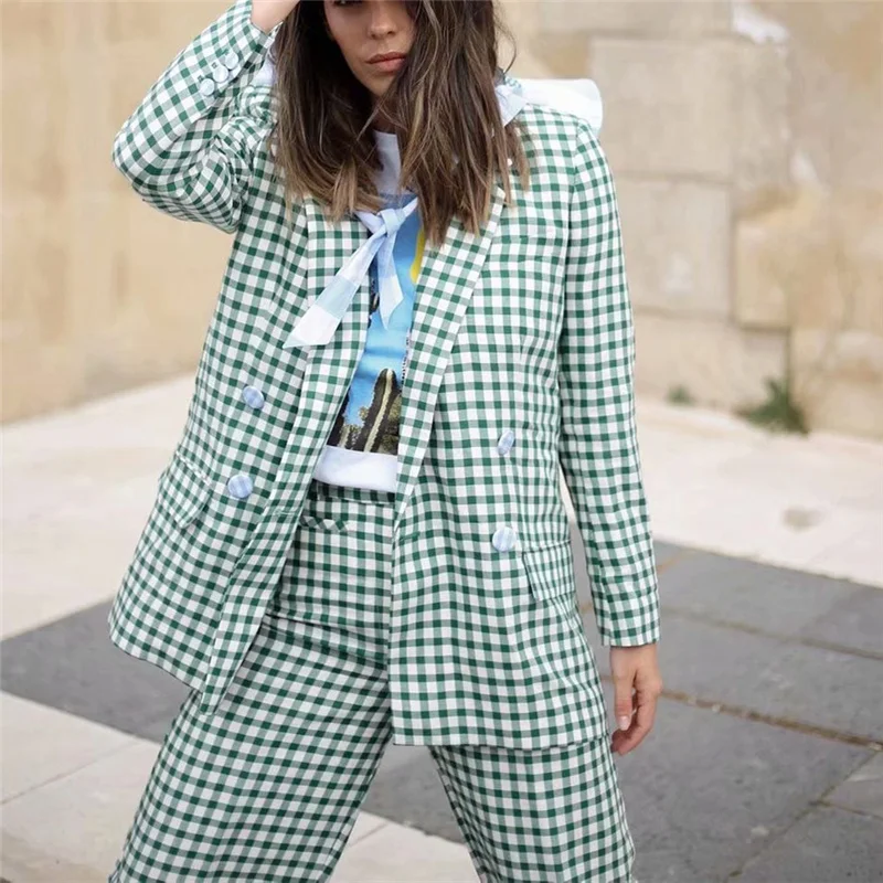 Женский блейзер в клетку весенний двубортный свободный зеленый Блейзер 2021 |