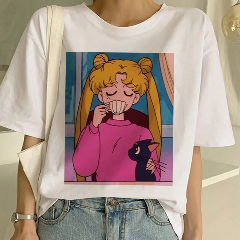 Sailor Moon 90s Funny T Shirt Harajuku clothes Tshirt Aesthetic cat Anime Women Cute Female T-shirt Kawaii Tees Fashion Ullzang | Женская