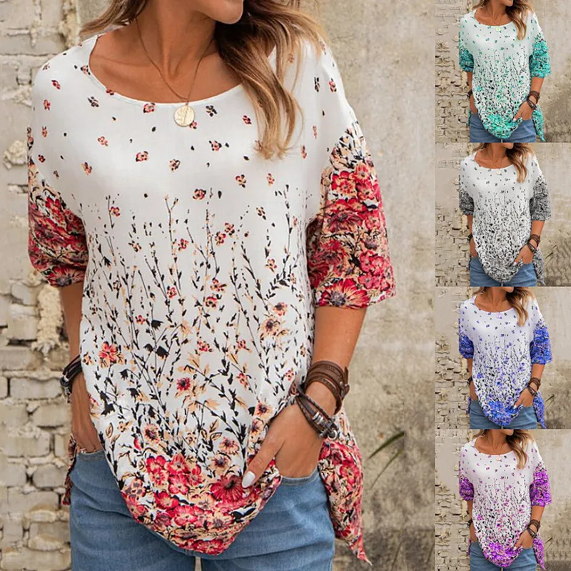 

Women's Fashion T Shirt Loose Casual Short Sleeve Floral Printing Round Neck Tops Plus Size Shirts Female