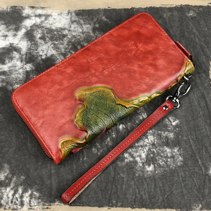 Длинный кошелек из натуральной кожи с изображением дерева кремового цвета в