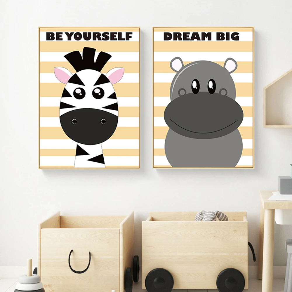 Настенный плакат для детской комнаты Зебра Лев Бегемот холст картина с животными