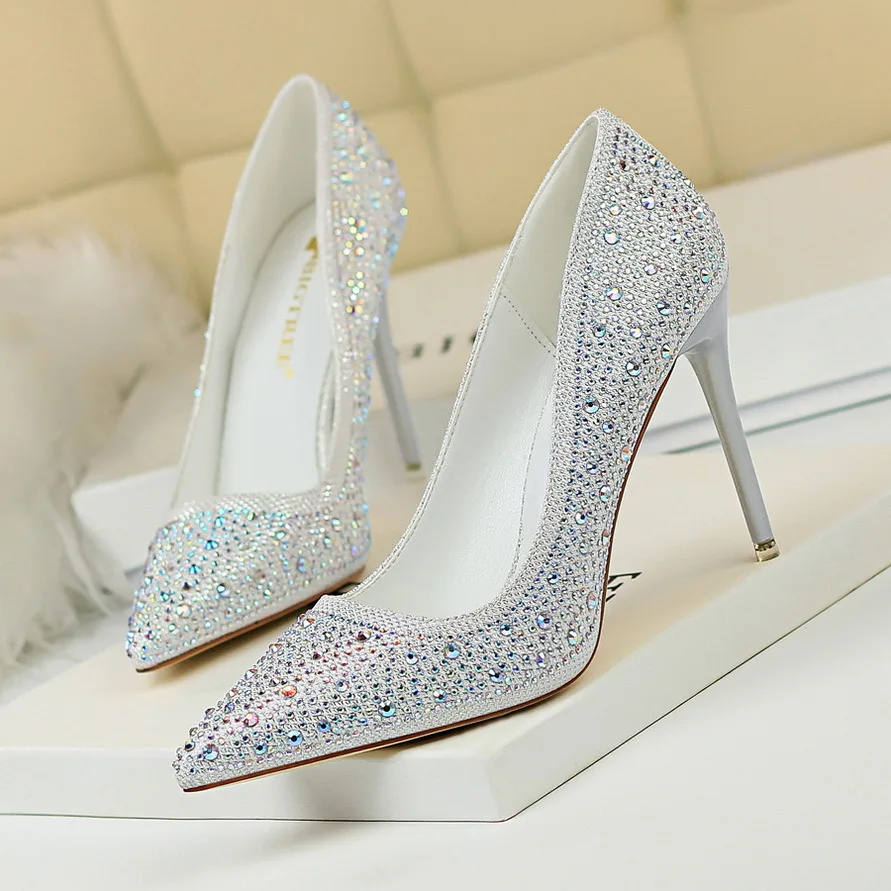 

Prowow Rhinestones Embellished Pumps High Heel Women Bling Pointed-Toe Stilettos Sexy Shallow Slip-On Designer Shoes For Ladies
