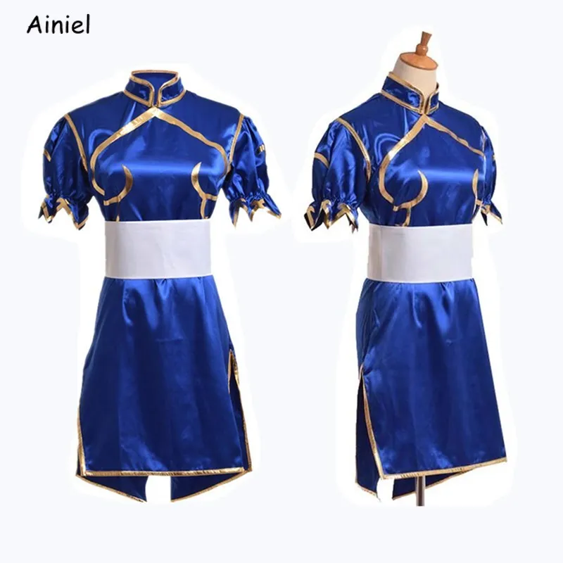 Игры костюм для косплея Чунь ли голубое сексуальное платье чонсам головной убор